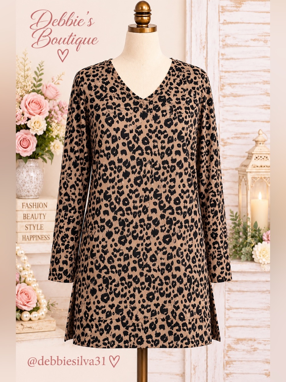 MAYSOAR XL Camel Black Leopard Print Tunic Top Pockets Stretch